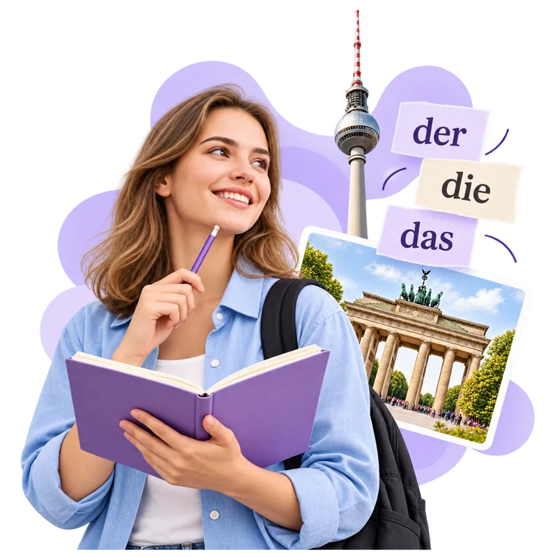 Ученица с тетрадью и карточками der, die, das на фоне Берлина